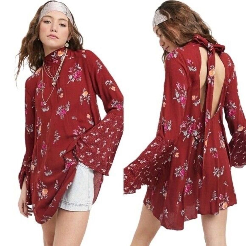 Free People Tate Red Floral Print Long Bell Sleeve Tunic Mini Dress Size S